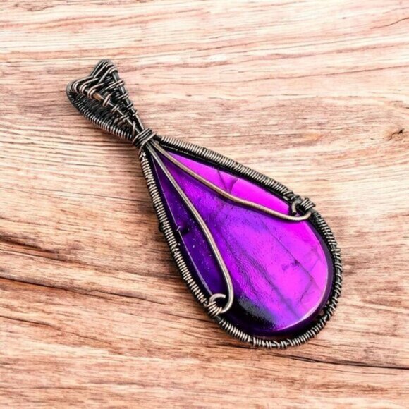 Tree of Life ✦ Wire Wrapped Necklace ✦ Purple Fire Labradorite w/ Copper 2.76" - Picture 4 of 11